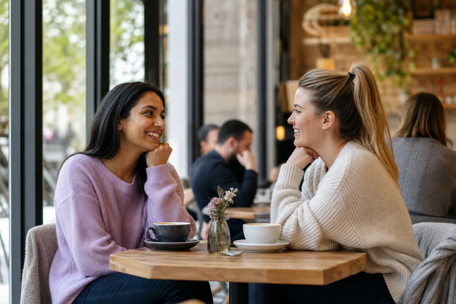 A woman enjoying a relaxed conversation at an Ipswich café