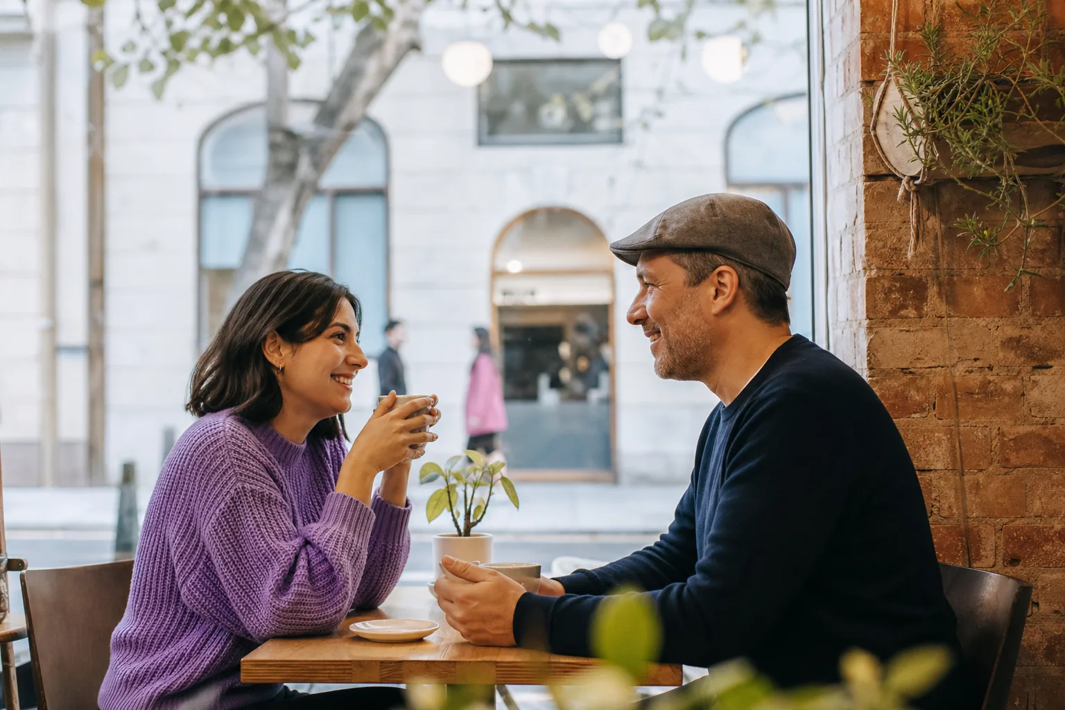 Two single adults talking over coffee in Ipswich