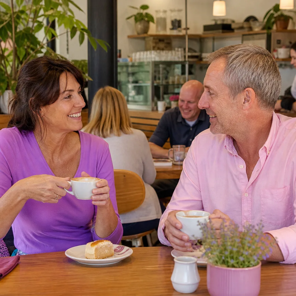 Mature singles chatting at a relaxed daytime café in Ipswich