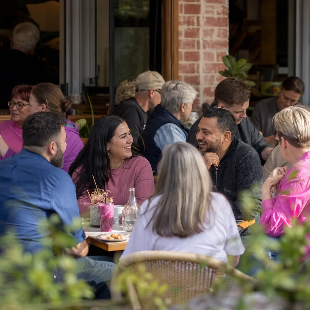 Two adults having a relaxed conversation at an Ipswich cafe
