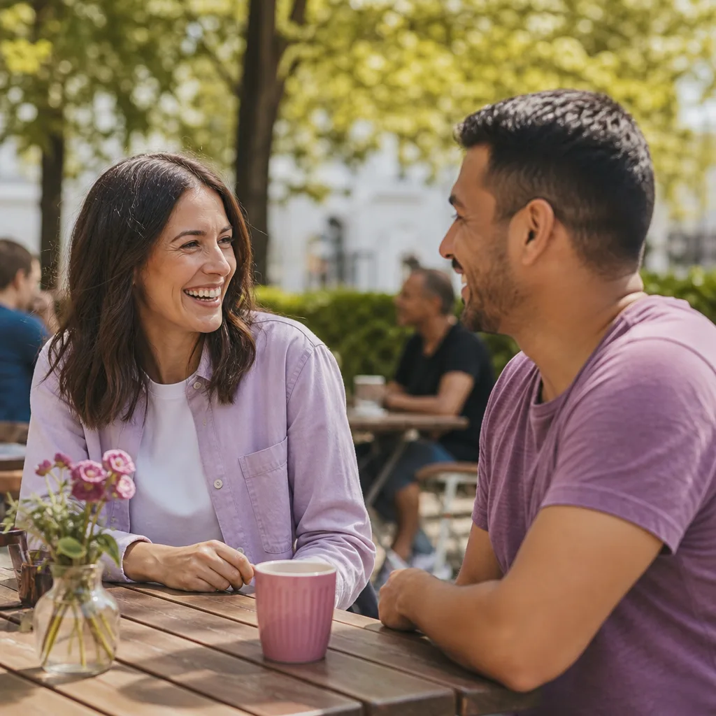 Two adults meeting in a busy public area near Ipswich town centre
